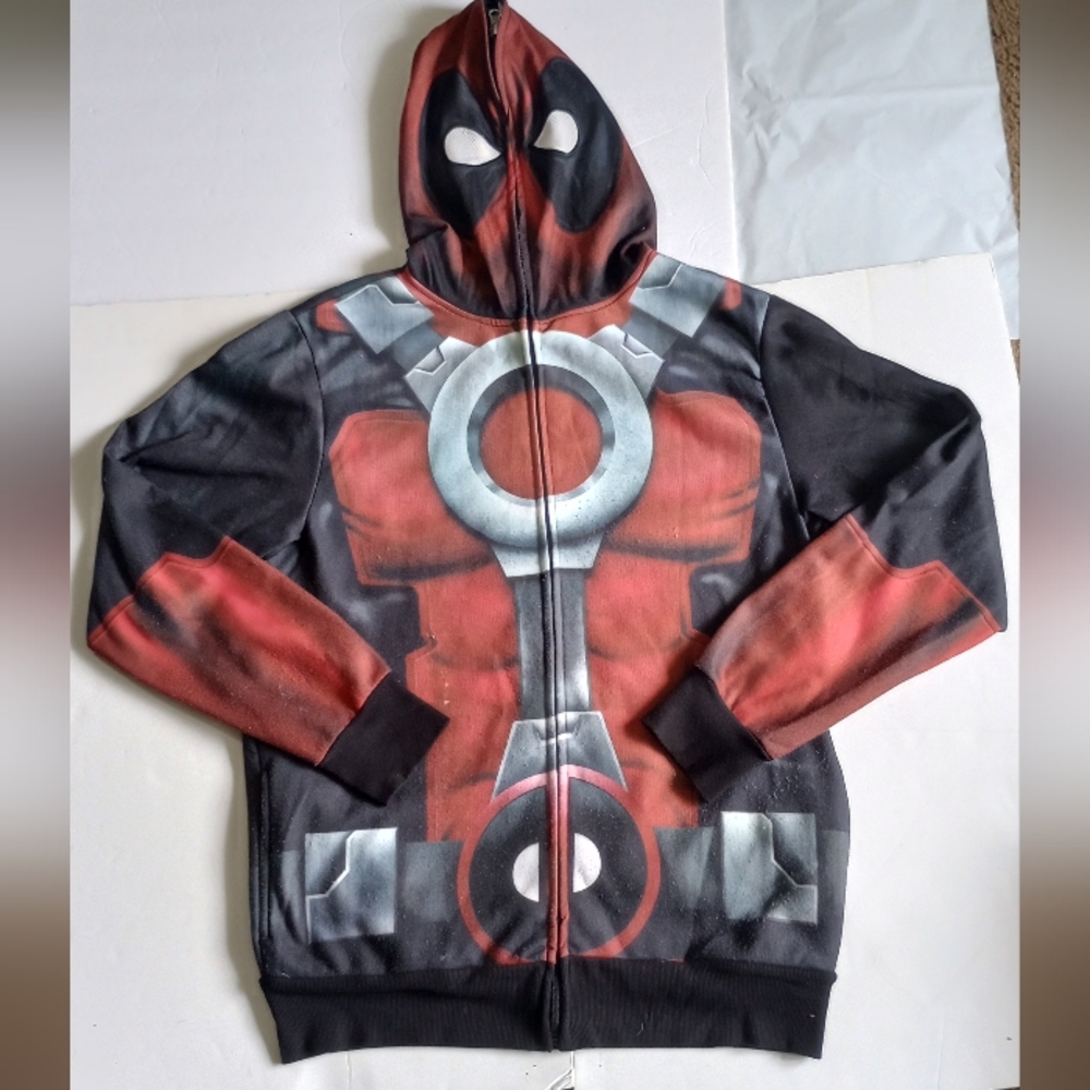 Deadpool jacket hoody with zip up mask on hood. It's mostly red it's Large.